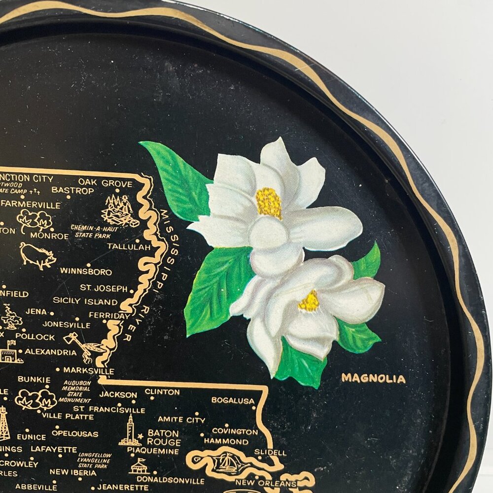 Vintage State of Louisiana Souvenir Tray Black Metal Travel Magnolia Pelican - Picture 3 of 6